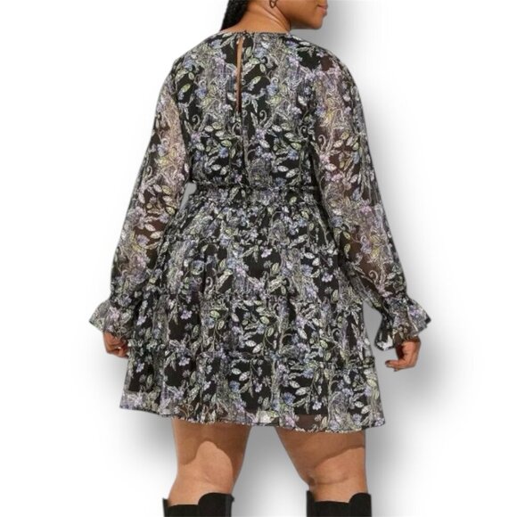 Torrid 3X Floral Black Chiffon Tiered Dress Mini Lurex Long Sleeve Boho V-Neck - Picture 3 of 10